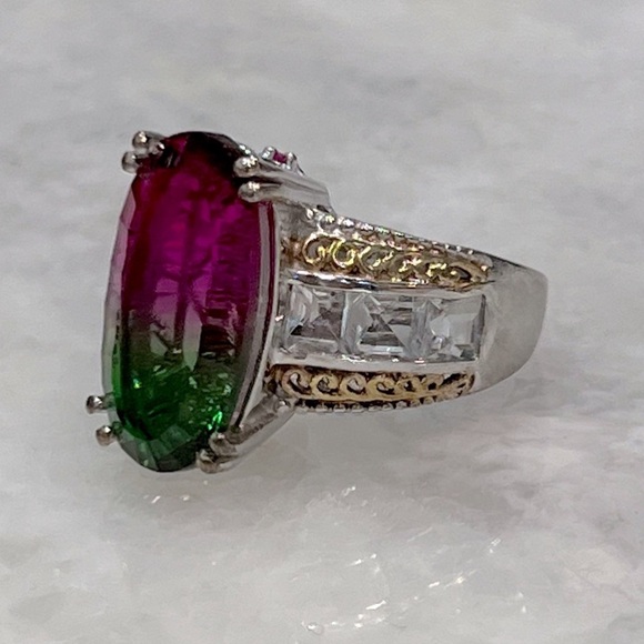 Watermelon Quartz Multigemstone 14K YG Sterling Silver Statement Ring - Picture 3 of 12